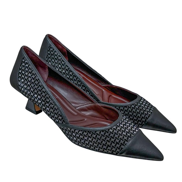 Franco Sarto Darcy Pointed Toe Kitten Heel Pumps in Black Multi Woven - Picture 2 of 11